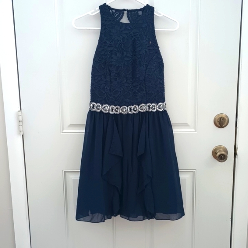 Jodi Kristopher lace sparkle waistband drape skirt semiformal dress size 7